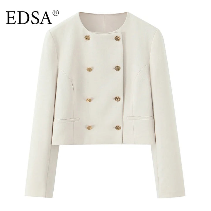 Hvid dobbeltradet blazerjakke med guldknapper, elegant design, langærmet, perfekt til formelle lejligheder. EDSA mærke.