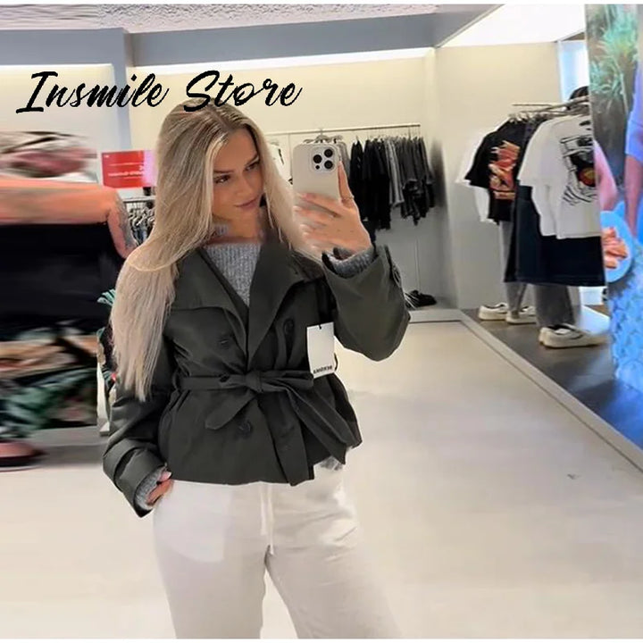 Krótki trencz z paskiem | Dwurzędowy wysoki kołnierz damska kurtka