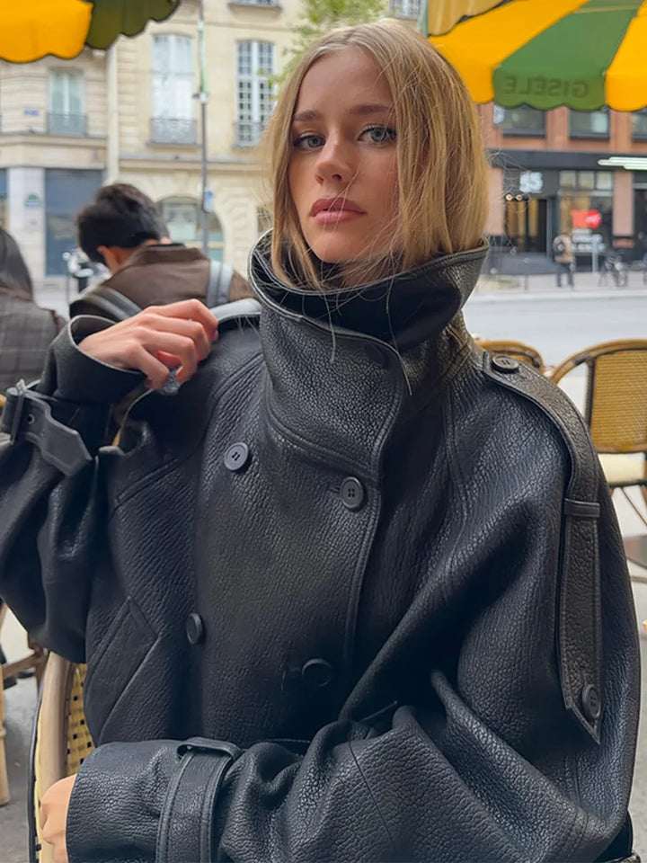 Kurtka krótka oversize luźna | Wysoki kołnierz podwójny guzik jesień kobieta