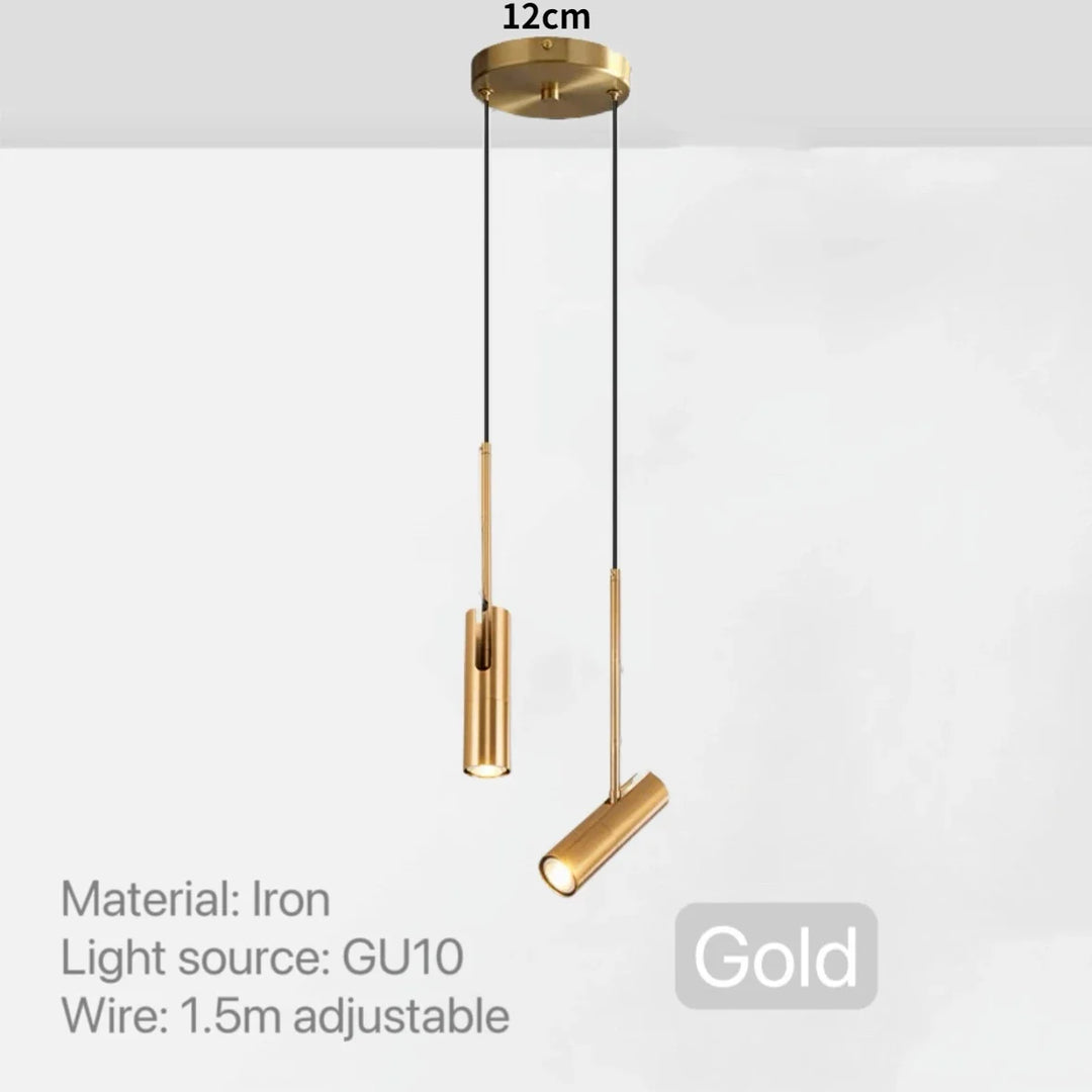 Guld pendellampe med to justerbare GU10 lyskilder, jernmateriale, 1,5m ledning, 12cm loftbeslag. Moderne belysning til stue eller køkken.