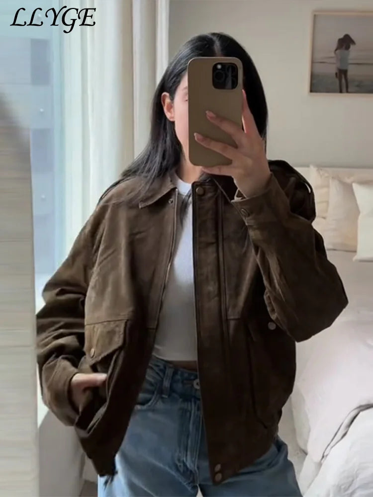 Bomberjakke Ruskind Vintage | Lynlås Revers Lommer Dame Overtøj