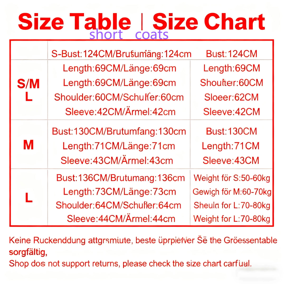 Størrelsestabel for korte frakker i S/M/L med mål for bryst, længde, skulder og ærme. Inkluderer vægtanbefalinger og advarsel om ingen returnering.
