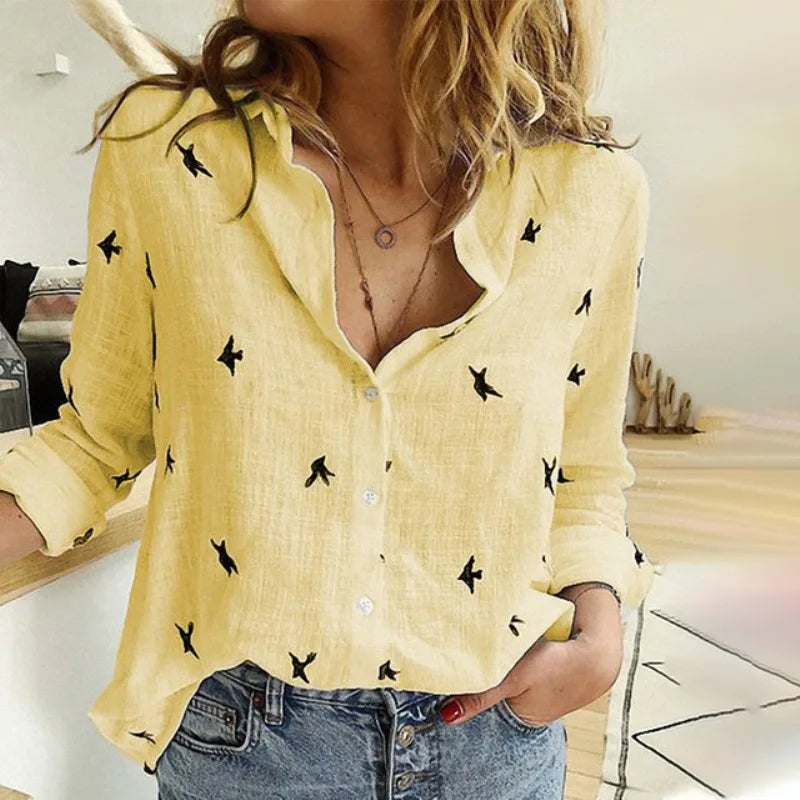 Camisa estampada Modekvinde manga larga algodón top oficina casual suelto top grande primavera verano