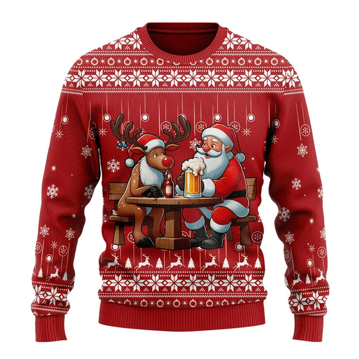 Rød julesweater med julemanden og rensdyr, der drikker øl ved et bord. Festligt design med snefnug og julemotiver. Perfekt til julefrokost.
