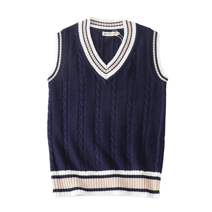 Vestă tricotată pentru bărbați cu decolteu în V | Stil retro preppy, vestă lejeră și casual