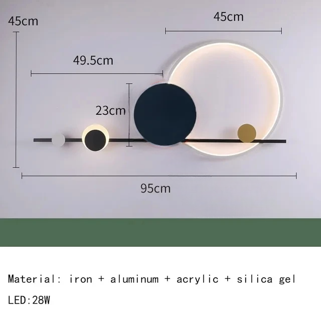 Moderne væglampe med cirkulært design, lavet af jern, aluminium, akryl og silikagel. Mål: 95x45 cm. LED 28W. Elegant belysning til hjemmet.