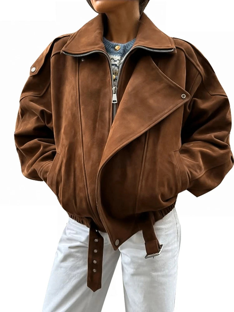 Ruskind Bomber Jakke Løs | Revers Lynlås Lommer Vintage Kvinde