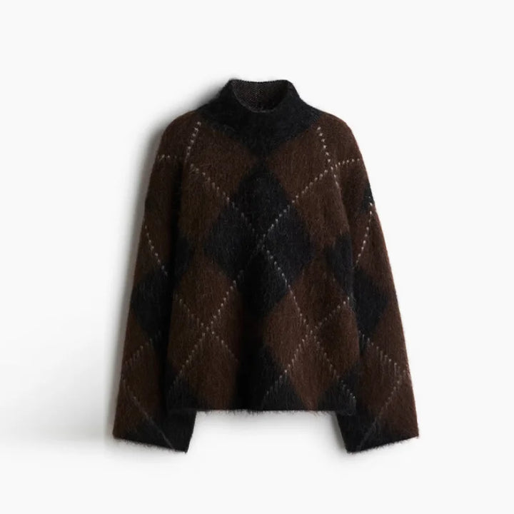 Brun og sort ternet sweater i uldblanding med høj hals. Stilfuldt design, perfekt til efterår og vintermode. Komfortabel og varm trøje.
