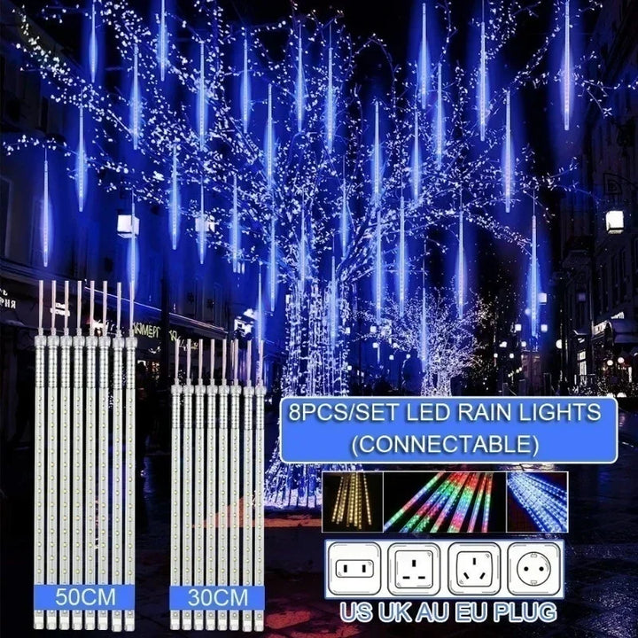 8 stk LED regnlys til udendørs brug, 30-50 cm, tilslutbare, med US/UK/AU/EU stik. Perfekt til julebelysning og festdekorationer.