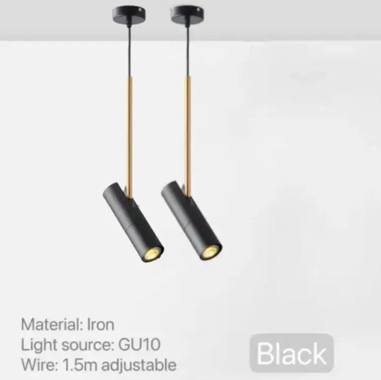 Sort pendellampe i jern med justerbar 1,5m ledning og GU10 lyskilde. Moderne design, ideel til stue eller køkkenbelysning.