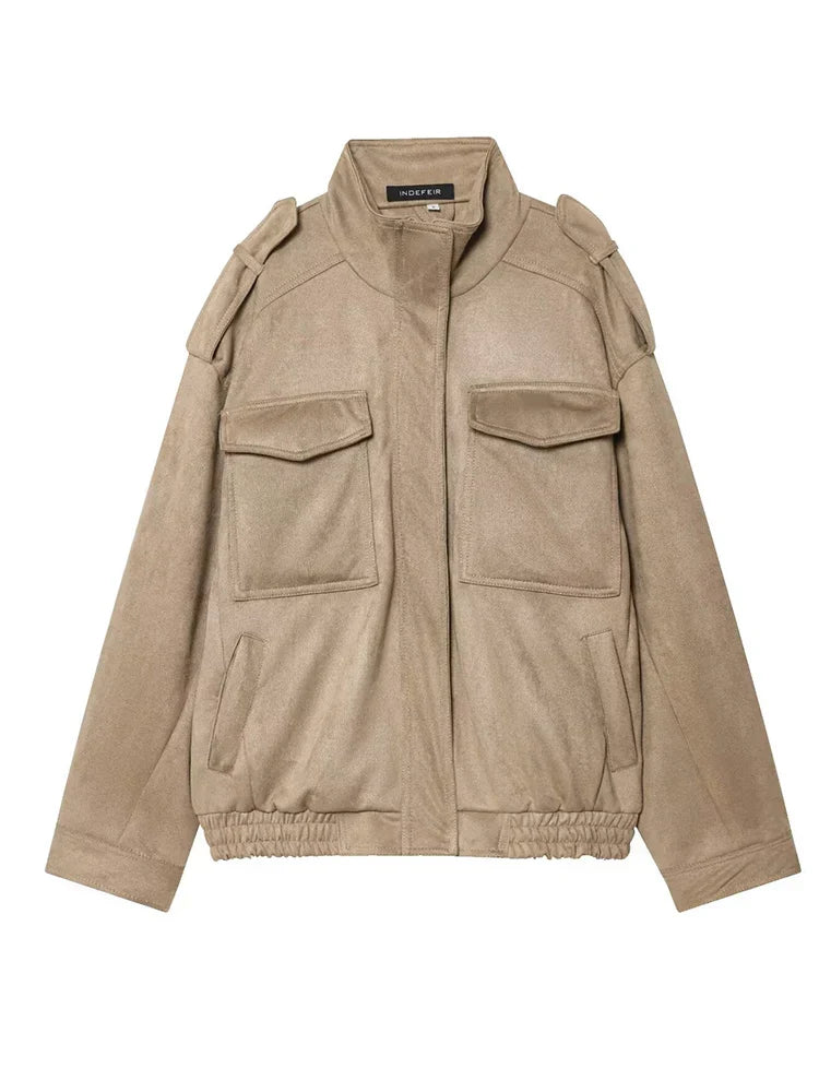 Geacă bomber retro elegantă pentru femei, aspect piele întoarsă, cu buzunare și guler deschis