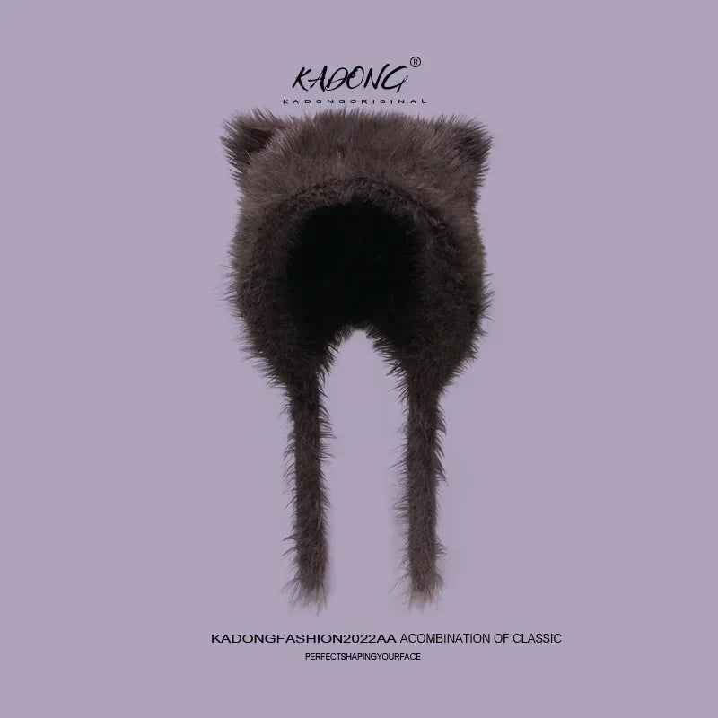 Plysset sort hue med katteører og lange kvaster, Kadong Fashion 2022, klassisk design, perfekt til ansigtsform, stilfuldt vintertilbehør.