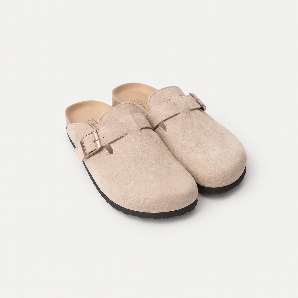 Beige Faux suede clogs Ergonomic footbed & adjustable buckle 