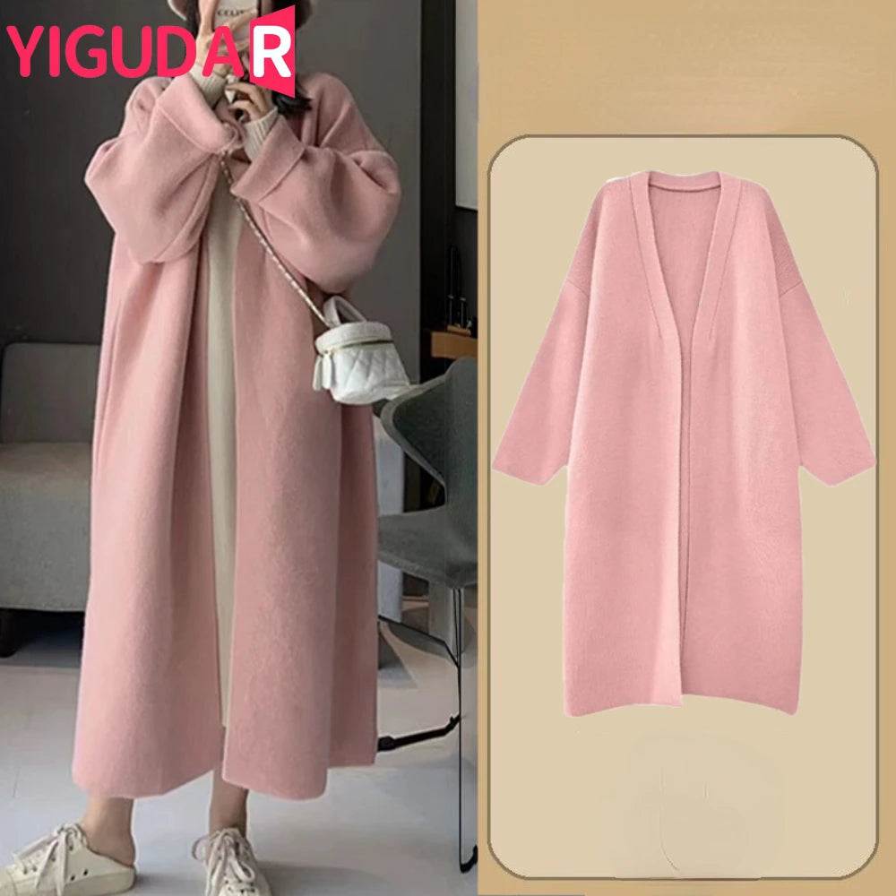 Lyserød lang cardigan til kvinder, blød og behagelig, perfekt til efterår og vinter. Stilfuldt design med åbent front. Ideel til hverdagsbrug.