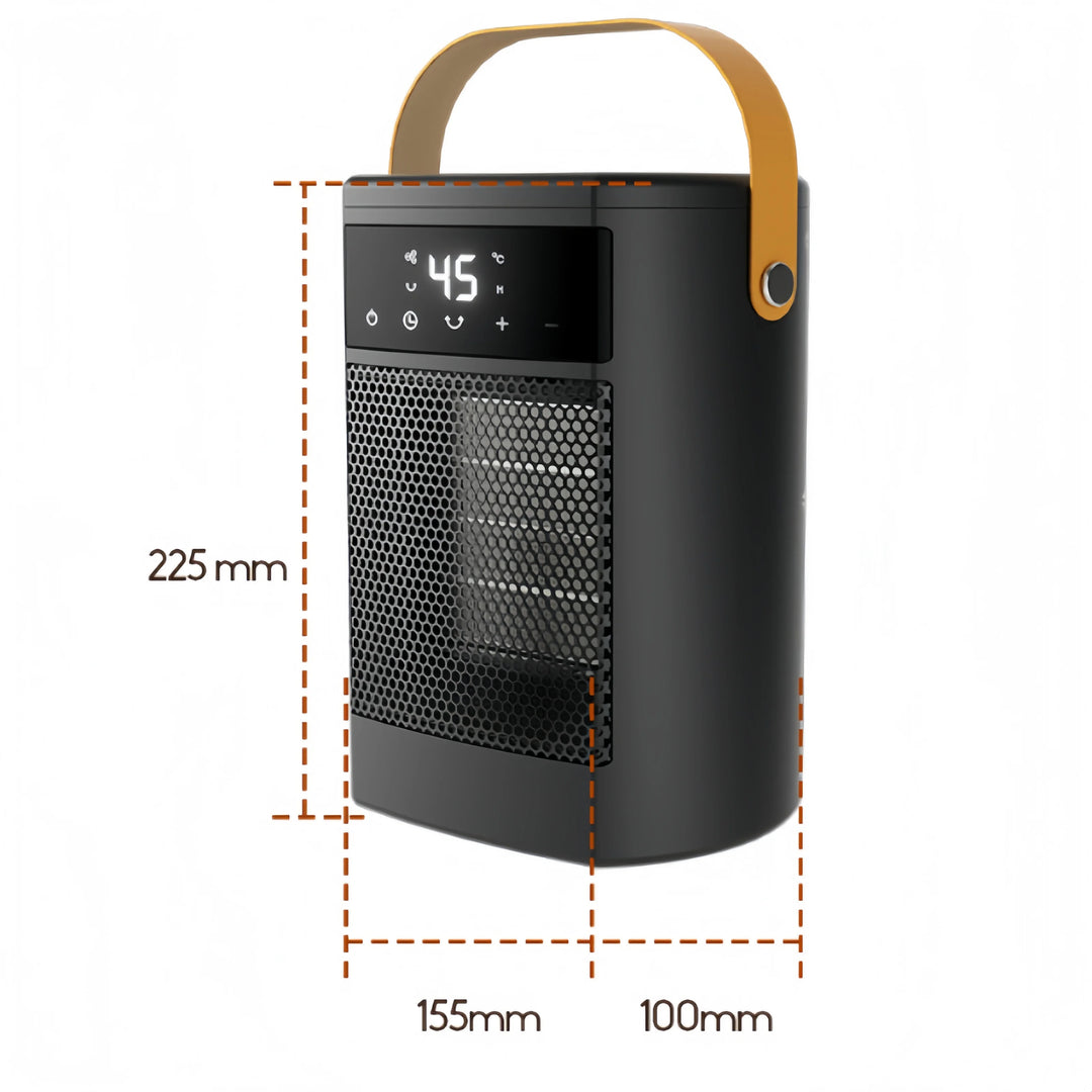 Bærbar sort keramisk varmeblæser med digitalt display og læderhåndtag, kompakt design, mål: 225x155x100mm. Ideel til effektiv opvarmning.
