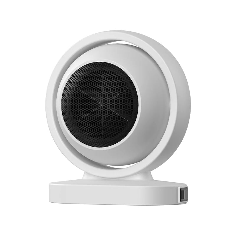 Hvid bærbar USB-blæser med cirkulært design og sort gitter, ideel til skrivebordskøling. Kompakt og moderne ventilator til kontorbrug.