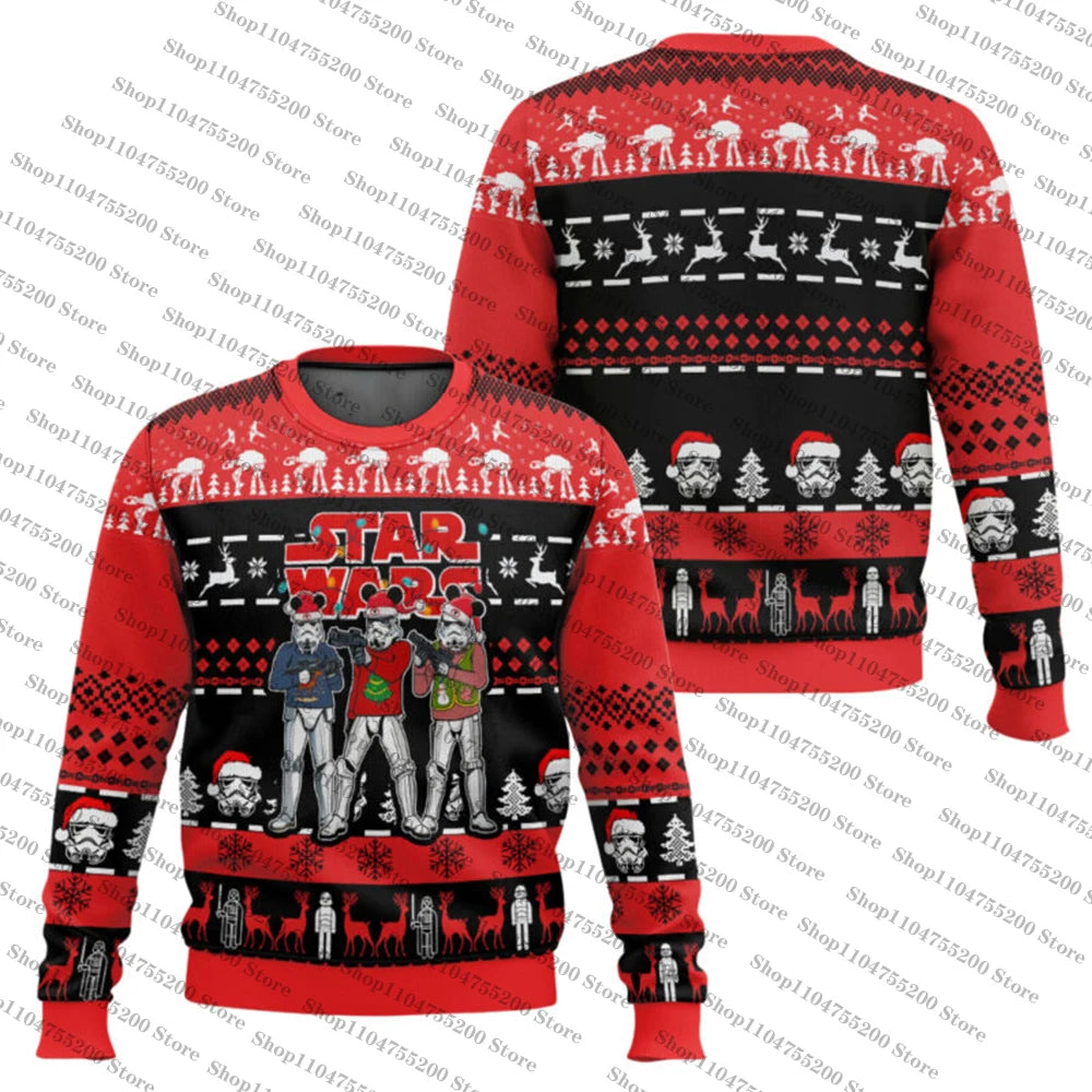 Rød Star Wars julesweater med Darth Vader, stormtroopers i nissehuer, snefnug og AT-AT mønstre. Perfekt til jul og Star Wars fans.