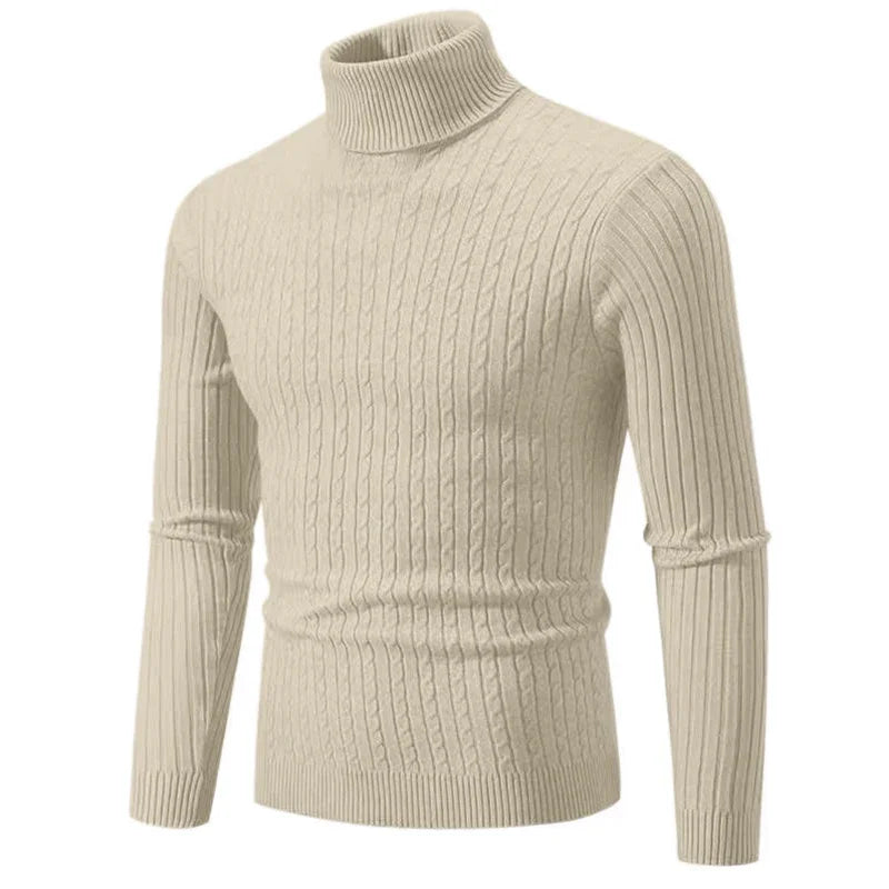 Beige rullekrave sweater til mænd, kabelstrik, langærmet, vintermode, varm og stilfuld, perfekt til casual og formelle lejligheder.