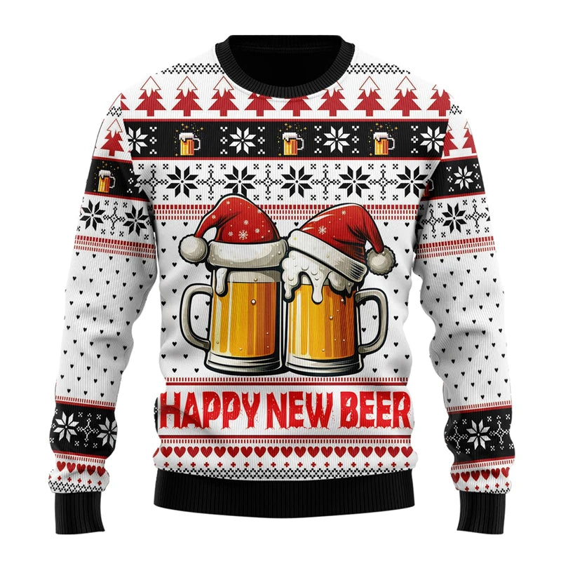 Julesweater med ølkrus og nissehuer, tekst "Happy New Beer", juletræer og snefnug. Perfekt til julefrokost og festligheder.