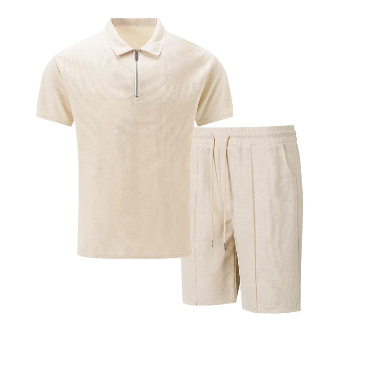 Hombres Europa y EE.UU. nuevo verano waffle liso cremallera solapa conjunto de manga corta con pantalones cortos dos piezas