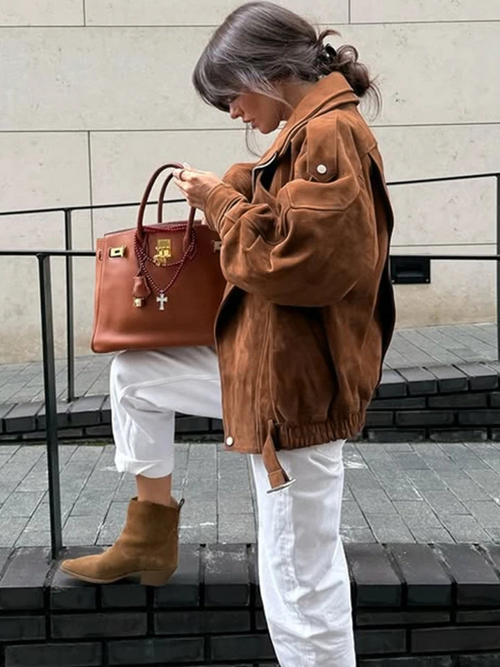 Ruskind Bomber Jakke Løs | Revers Lynlås Lommer Vintage Kvinde