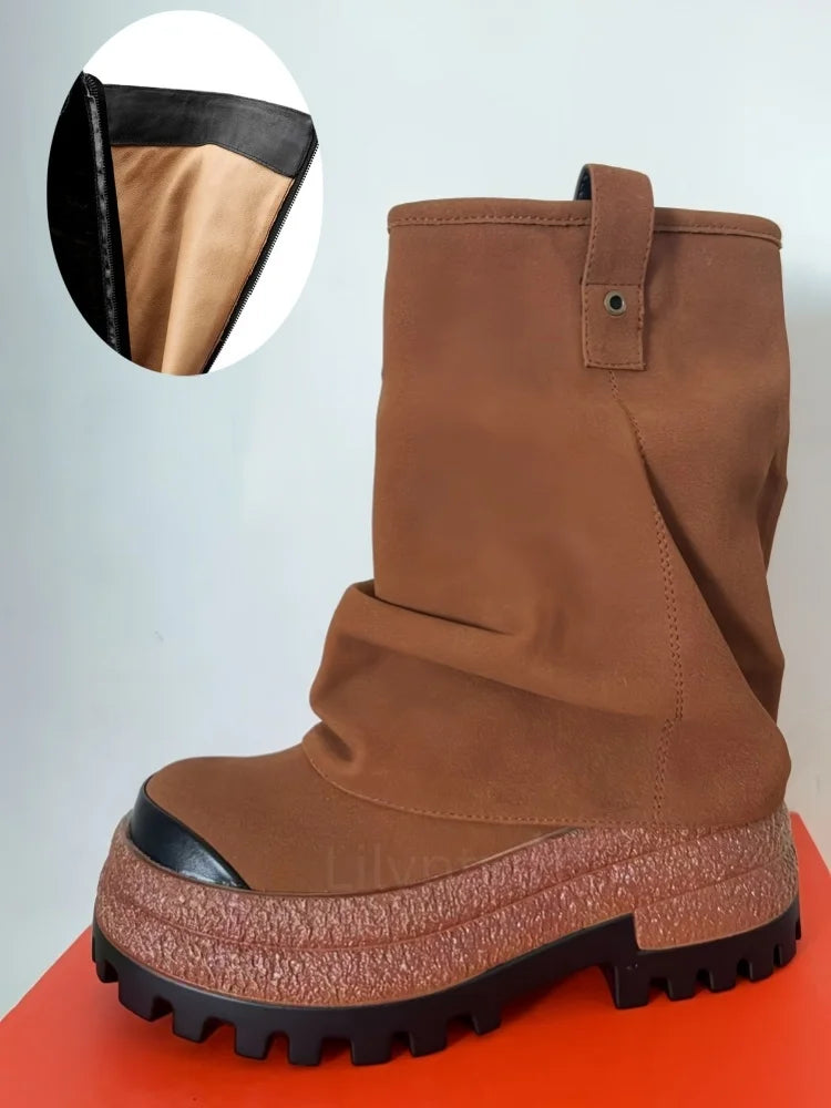 Brun støvle med tyk, rillet sål og sort tåbeskyttelse. Indsatsbillede viser beige indvendigt for. Trendy fodtøj til vintermode.