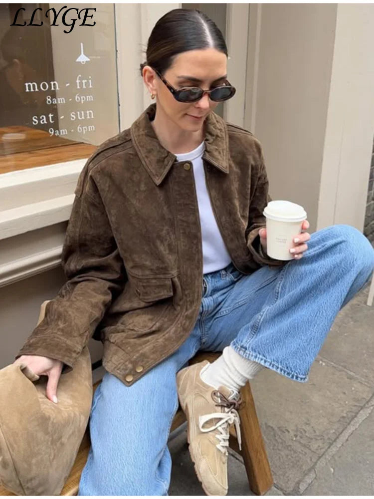 Bomberjakke Ruskind Vintage | Lynlås Revers Lommer Dame Overtøj