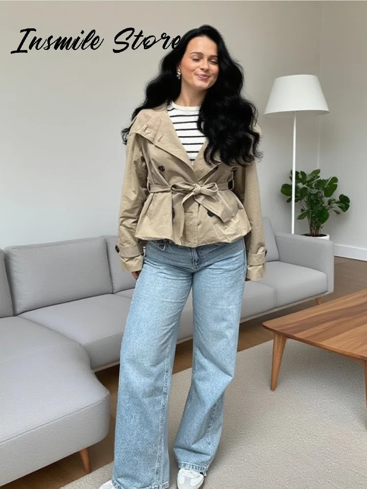 Krótki trencz z paskiem | Dwurzędowy wysoki kołnierz damska kurtka