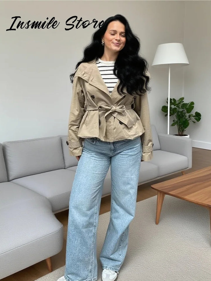 Krótki trencz z paskiem | Dwurzędowy wysoki kołnierz damska kurtka