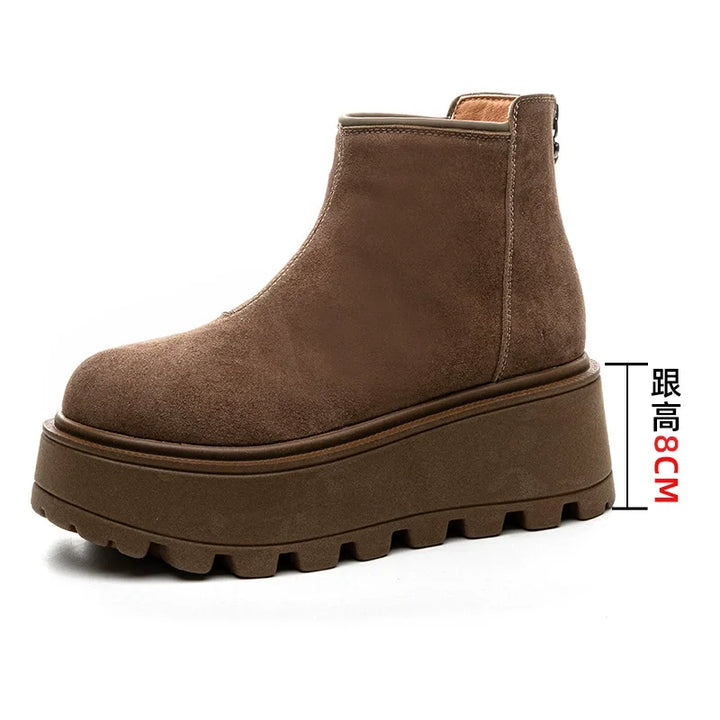 Brun ruskindsstøvle med høj platformsål, 8 cm hæl, robust design. Trendy fodtøj til kvinder, ideel til modebevidste og komfortsøgende.