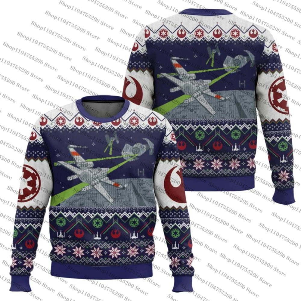 Blå Star Wars julesweater med X-wing og TIE fighter design, snefnug og julemotiver. Perfekt til fans af Star Wars og juletrøjer.