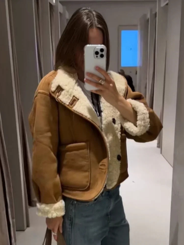 Kurtka z wełny jagnięcej krótka | Odwrócony dekolt w serek wysoki kołnierz casual ciepła