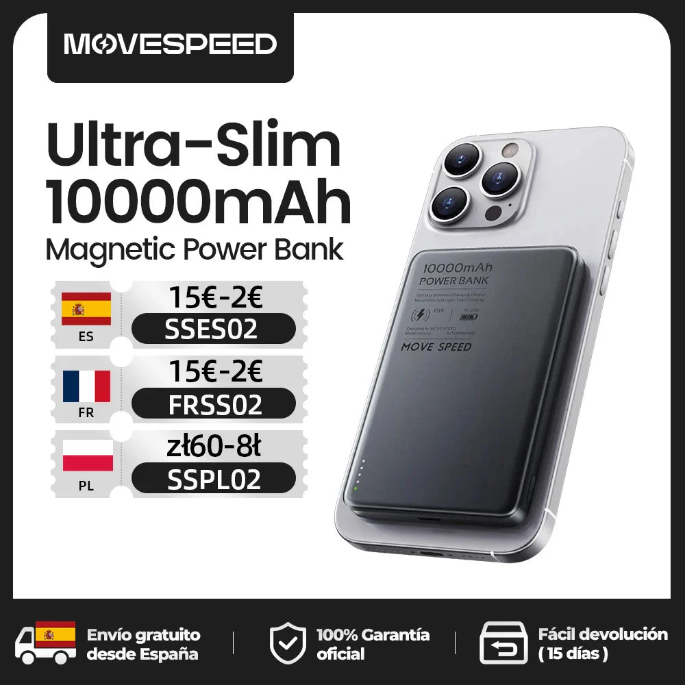Ultra-slim 10000mAh magnetisk powerbank fastgjort til smartphone, tilbudspris, gratis levering fra Spanien, 100% garanti, 15 dages returret.