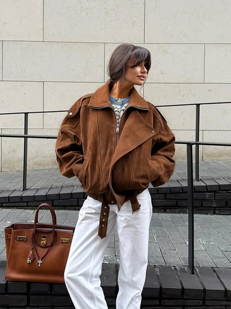 Ruskind Bomber Jakke Løs | Revers Lynlås Lommer Vintage Kvinde