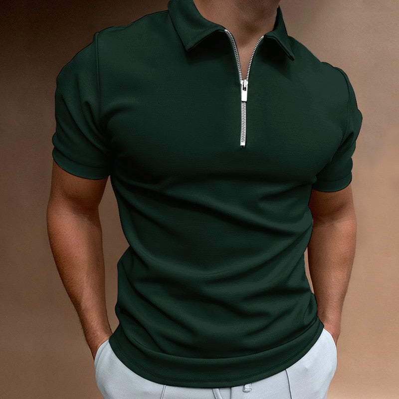 Classic men's polo with zipper and close-fitting cut in solid color design
