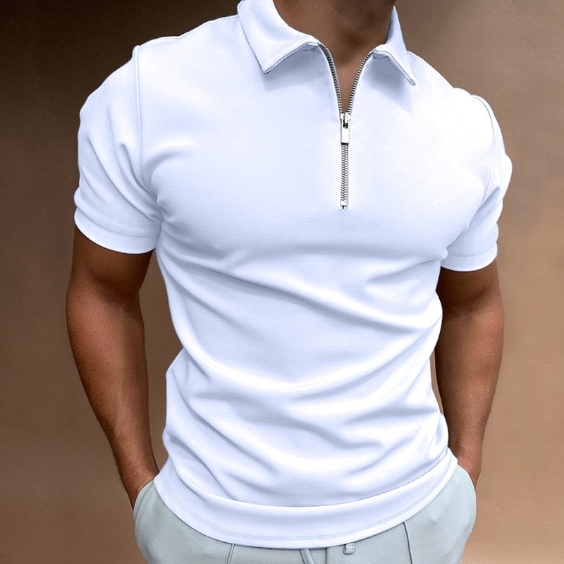 Classic men's polo with zipper and close-fitting cut in solid color design