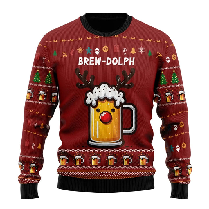 Rød juletrøje med ølkrus motiv, rensdyrgevir og skum, tekst "Brew-dolph". Perfekt til julefrokost, sjovt juletema, unisex design.