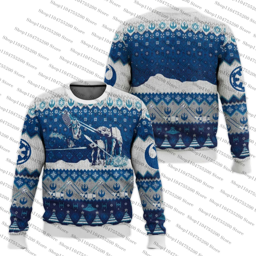 Blå og hvid julesweater med enhjørning og snefnug mønster, strikdesign, vintertema, unisex, varm og stilfuld, perfekt til julefester.