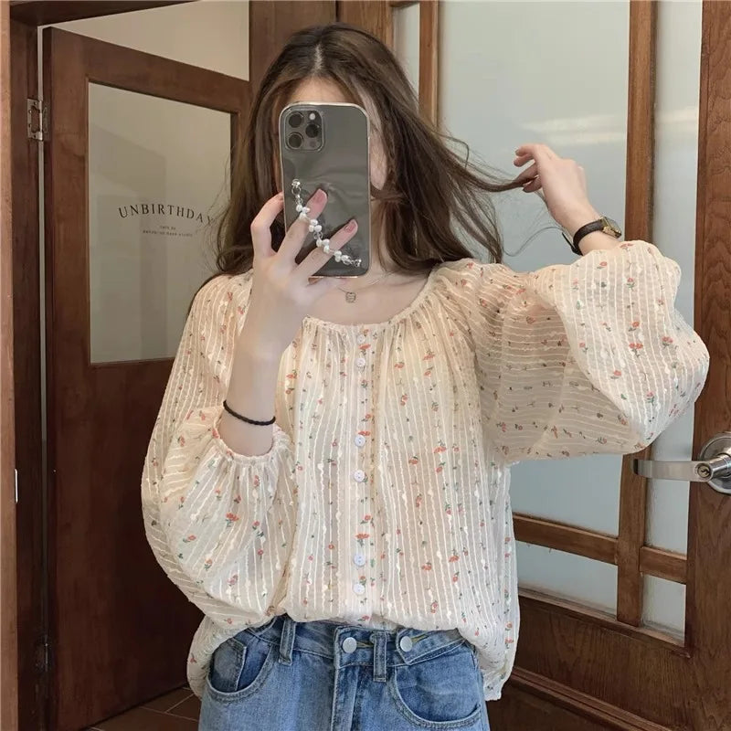 Blusa de gasa para mujer verano estampado floral chica manga farol larga cuello redondo con botones elegante sencilla