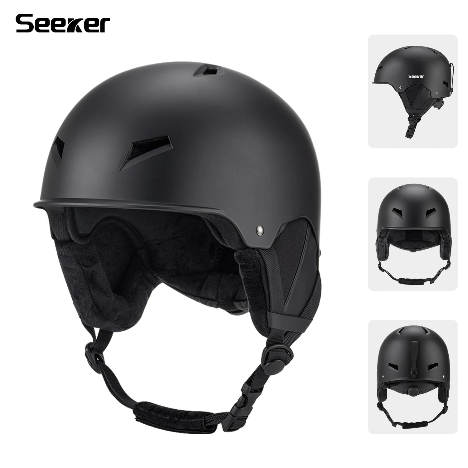 Sort skihjelm fra Seeker med justerbar rem og ventilationsåbninger. Perfekt til vintersport, sikkerhed og komfort. Fås i flere vinkler.