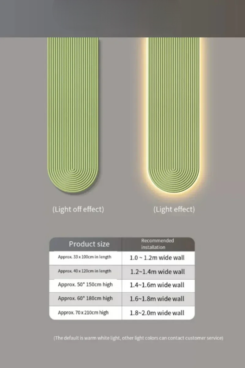 LED-væglampe med lys slukket og tændt effekt. Produktstørrelser: 33x100cm, 40x120cm, 50x150cm, 60x180cm, 70x210cm. Anbefalet vægbredde: 1-2m.