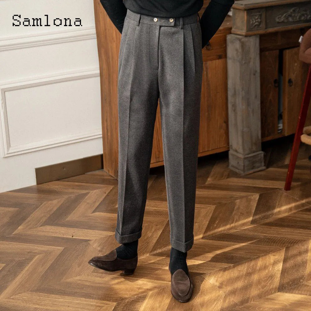 Pantaloni eleganți pentru bărbați cu buzunare, pantaloni formali de petrecere, stil italian, pantaloni moi din lână