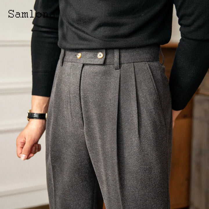 Pantaloni eleganți pentru bărbați cu buzunare, pantaloni formali de petrecere, stil italian, pantaloni moi din lână