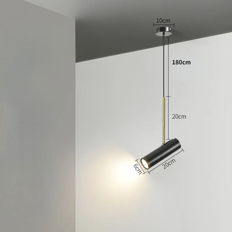 Moderne sort pendellampe med justerbar længde på 180 cm, cylinderformet design, 20 cm lang, 6 cm bred, ideel til stilfuld belysning i hjemmet.