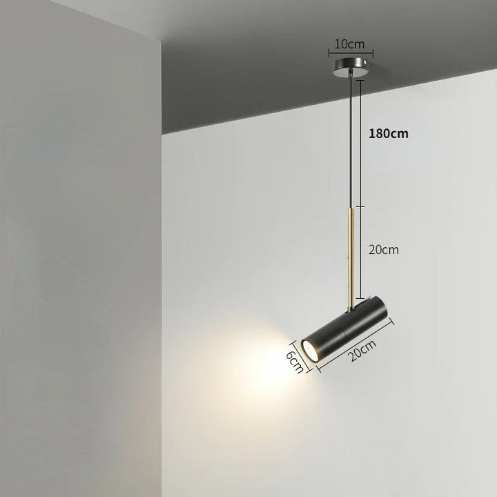 Moderne sort pendellampe med justerbar længde på 180 cm, cylinderformet design, 20 cm lang, 6 cm bred, ideel til stilfuld belysning i hjemmet.