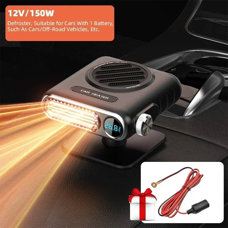 12V/150W bilvarmer med afrimningsfunktion, velegnet til biler med 1 batteri. Inkluderer opvarmningskabler og gaveindpakning. Perfekt til off-road køretøjer.