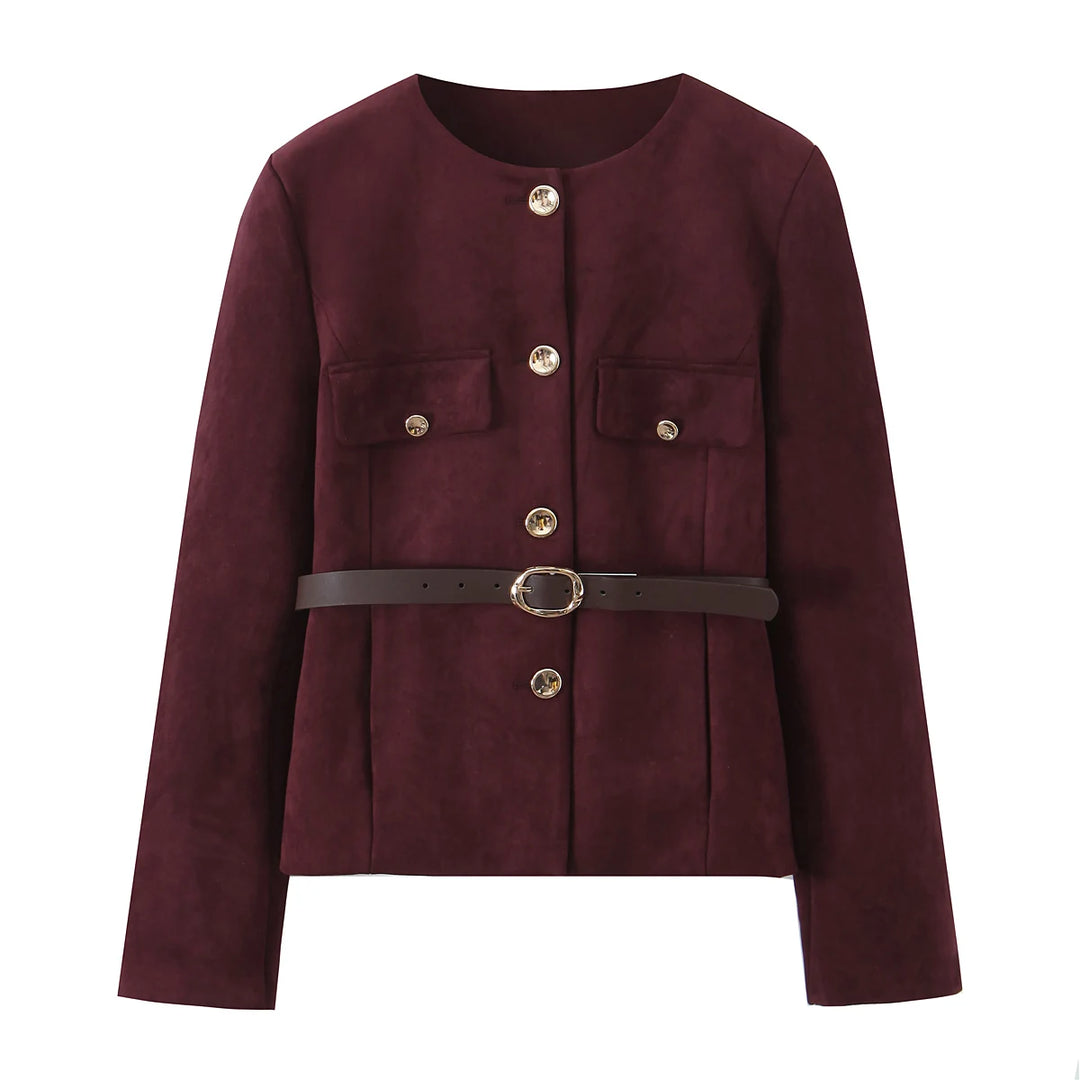 Bordeaux ruskindsjakke med guldknapper og bælte. Elegant design, perfekt til efterårsmode. Ideel til stilbevidste kvinder.