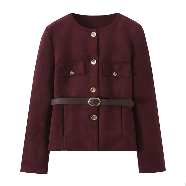 Bordeaux ruskindsjakke med guldknapper og bælte. Elegant design, perfekt til efterårsmode. Ideel til stilbevidste kvinder.