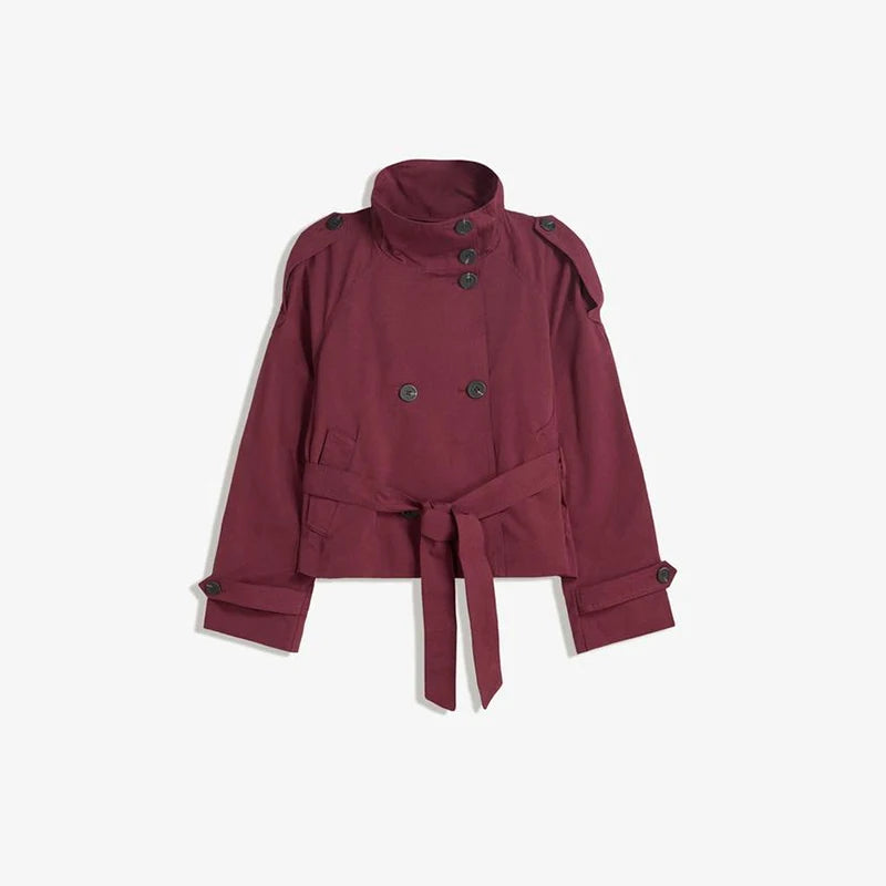 Krótki płaszcz trencz z paskiem | Dwurzędowy wysoki kołnierz szykowna damska kurtka