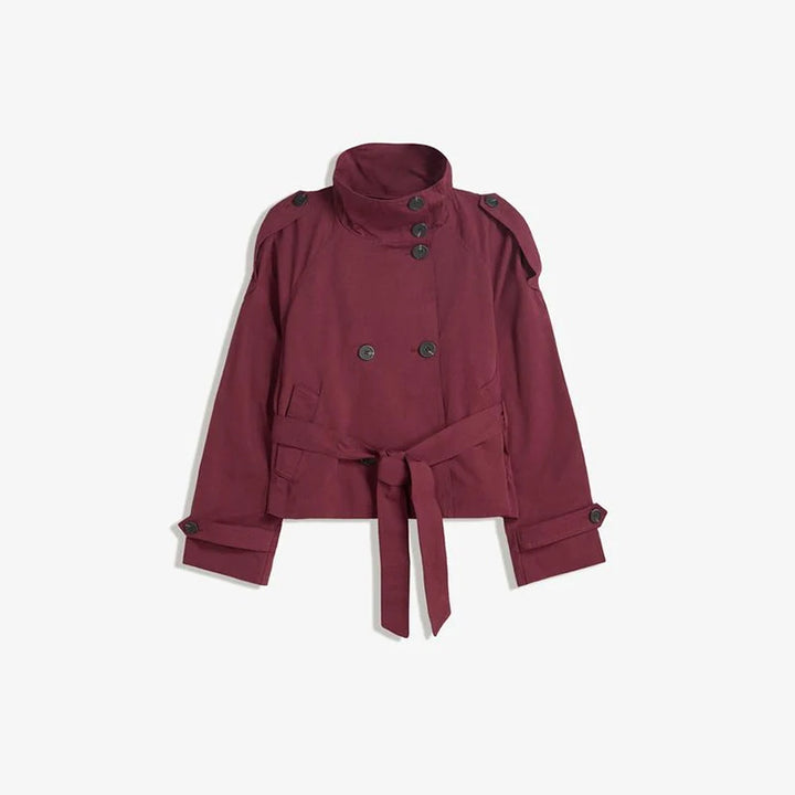 Krótki płaszcz trencz z paskiem | Dwurzędowy wysoki kołnierz szykowna damska kurtka